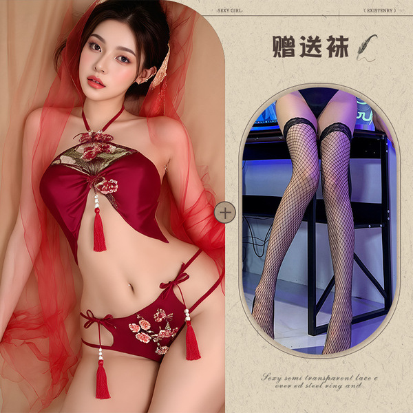 Ancient Chinese Wedding Lingerie Set - Silk Brocade Qipao-Inspired Bodice with Peony Embroidery & Sheer Mesh - Red and black fishnet stockings