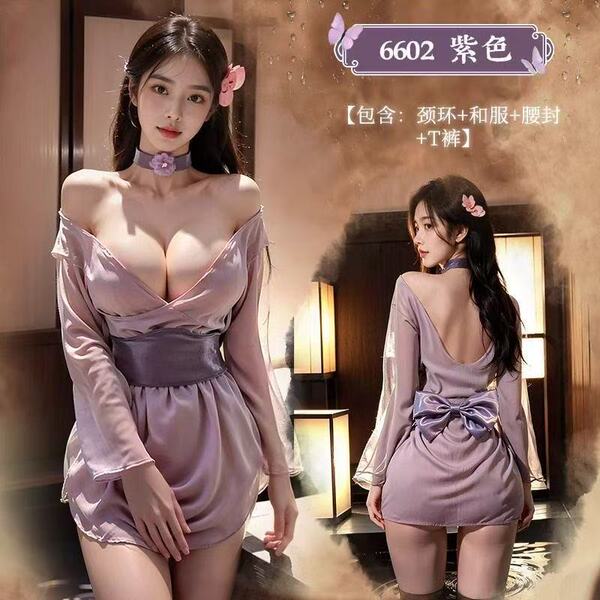 Purple Allure Lace Hanfu-Inspired Sensual Sleepwear Set – Wife-Themed Seductive Robe with Off-Shoulder & Open-Back Desig - Light purple