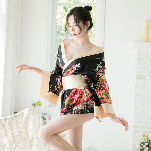 Japanese-Style Kimono Lingerie Set for Women – Sexy Sleepwear & Costume Outfit, Floral Print Seductive Nightgown - black