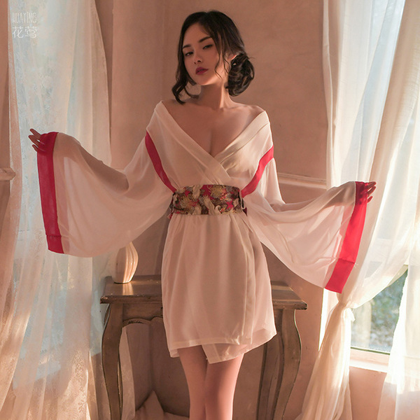 Japanese-Style Sexy Lace Sleepwear Set – Sheer Chiffon Kimono Robe with Flared Sleeves, Pure & Alluring Women's Lingerie - White