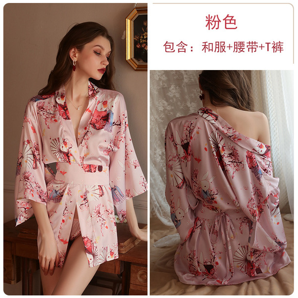 Kuoruo Sexy Kimono-Style Lingerie Set - Satin Open-Front Printed Role Play Outfit for Women - pink