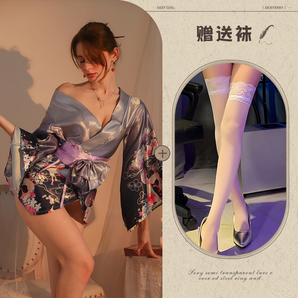 Plus Size Japanese Kimono Lingerie Set – Elegant Cherry Blossom Sexy Robe for Intimate Moments - Purple Japanese style 7-quarter sleeves + white stockings