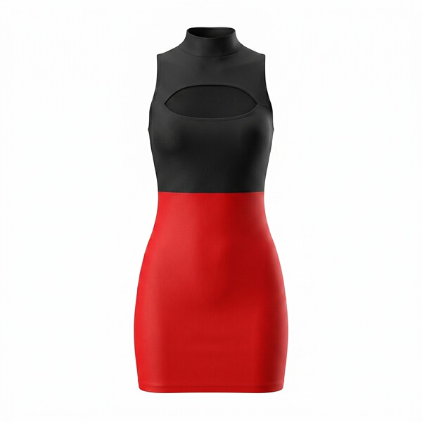 Black and red sleeveless dress with high neck and cutout detail, night-silk seductive secretary outfit.