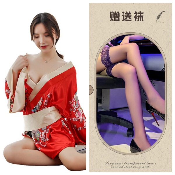 Japanese Geisha Sleepwear Set – Sexy Kimono Robe, Busty Bra & Ninja Cosplay Outfit for Women & Crossdressers - Red and black stockings