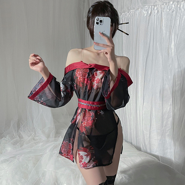 Snow Dream Lace Off-Shoulder Kimono-Style Sheer Robe - Sexy Cosplay & Role Play Outfit - Image color + black stockings