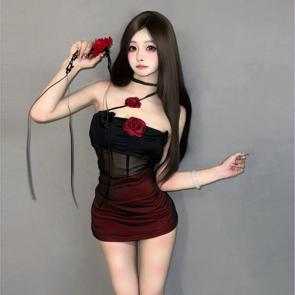 JinXiao New Year Lingerie Set - Sheer Sexy Slip Dress with Built-in Pads & Bodycon Fit - Burgundy camisole + red stockings