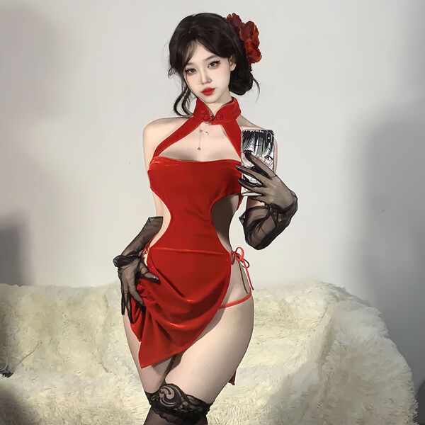 Elegant red vintage cheongsam sleepwear featuring high slit and seductive design, perfect for festive celebrations.