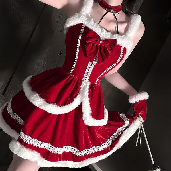 Sexy red christmas dress with white fur trim, festive bow, and lace details, perfect for holiday parties and naughty bunny co...
