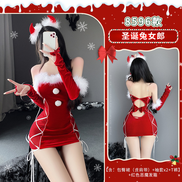 Manyan 2026 New Year Bunny Costume Mesh Bodysuit - Sexy Christmas Lingerie Set for Women - 8596 [Bodycon Skirt (with straps) + 2 sleeves + T-shirt] + Headband