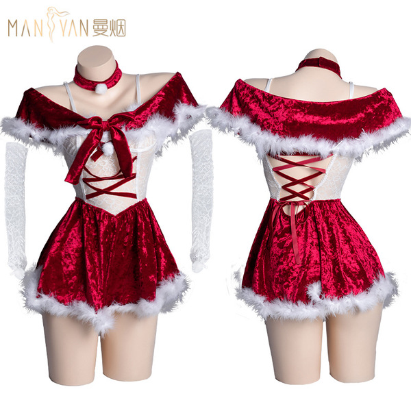 Manyan 2026 new year bunny costume mesh bodysuit - sexy christmas lingerie set for women, featuring festive red and white des...