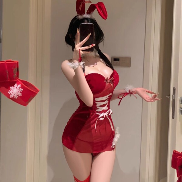 Red Rabbit Girl Costume Set - Sexy Christmas Lingerie & Pure Temptation Sleepwear Outfit for Women - red