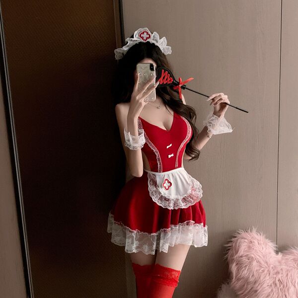 Sexy maid costume with red dress, lace details, and open-crotch design perfect for role play and holiday fun.