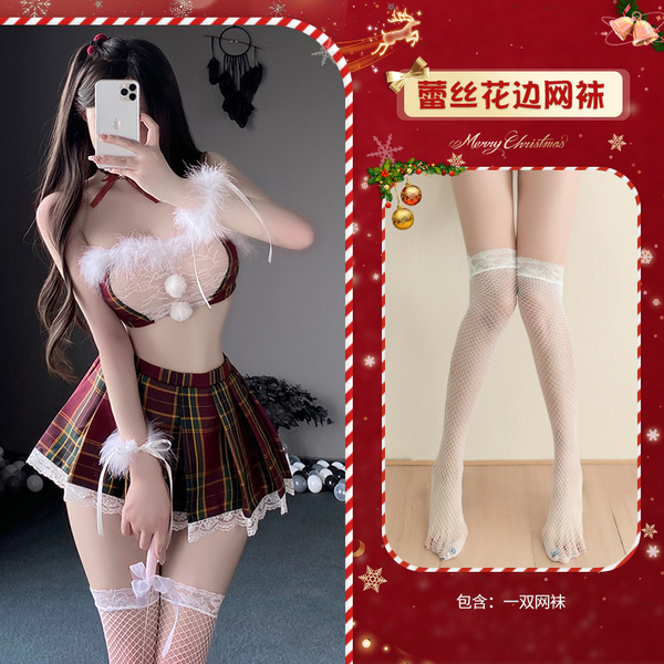 Mannyan New Year Lingerie Set - Pure & Tempting Sleep Dress, Sexy Uniform Style Christmas Costume Kit - 9077 [Chestband + Bandeau Top + Pleated Skirt + 2 Bracelets + Thong] + Fishnet Stockings