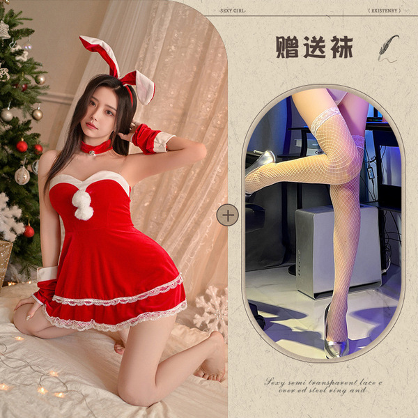 Christmas Bunny Girl Dress - Sexy Sheer Mesh Bodysuit with Sleeve Cuffs, Naughty Holiday Lingerie Set - Red and white fishnet stockings