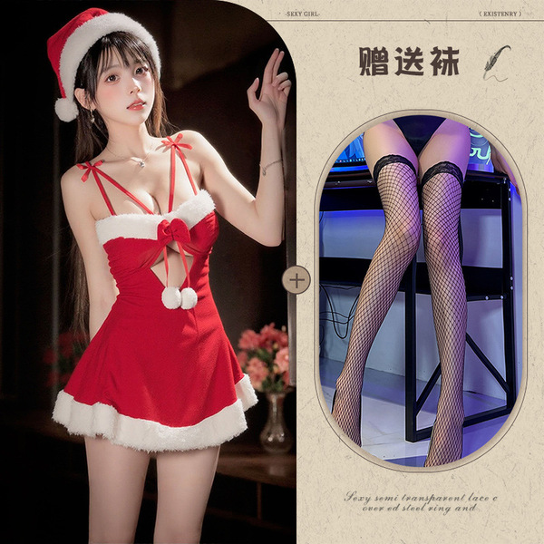 Pure & Tempting Christmas Lingerie Set - Sexy Santa-Themed Sleep Dress for Holiday Cosplay & Date Nights - Red and black fishnet stockings