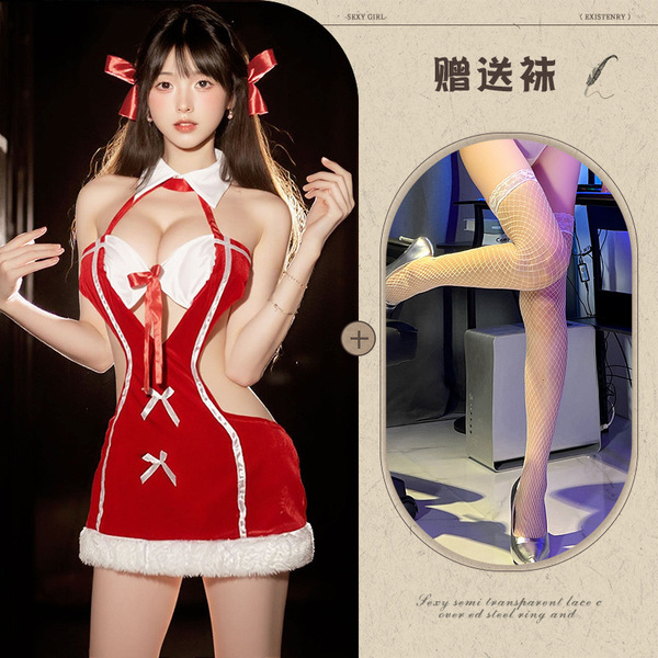 Babylove Velvet Sexy Christmas Sleep Dress – Cute Role Play Costume & Holiday Lingerie Set - Red and white fishnet stockings