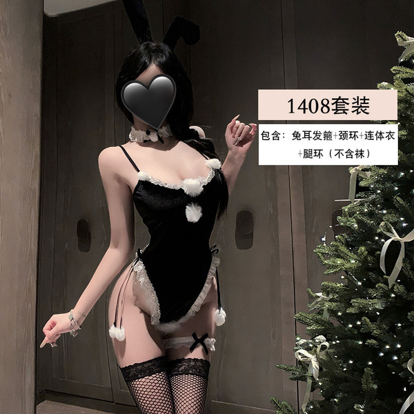 Yiyue Sexy Christmas Bunny Girl Costume - Cute Holiday Role Play Lingerie & No-Remove Sleepwear Set - Black + W2 black fishnet stockings