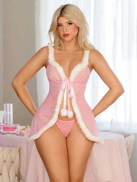 Red Bunny Girl Christmas Outfit - Sexy Lingerie Set & Pure-Dreamy Satin Sleep Dress for New Year - pink