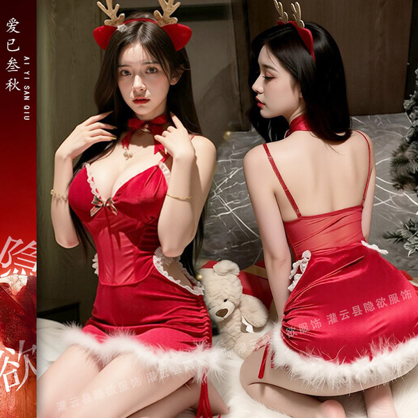 Velvet Christmas Lingerie Set - Sexy Abstinence Style Red Cosplay Sleepwear Outfit for New Year & Holiday - Q208 Christmas [Christmas Dress + Headband + Neckband + T-shirt]