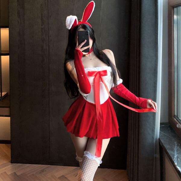 Sexy holiday costume with bow & ties, easy-on naughty pajamas for women, perfect for festive sleepwear, red bunny-themed ling...