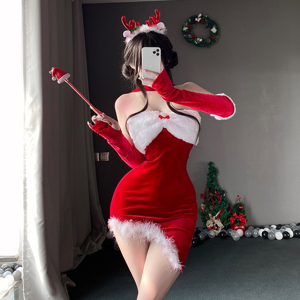 Sexy Christmas Bunny Costume for Women - Naughty Holiday Lingerie Set, Festive Erotic Outfit & New Year Party Wear - Set (gloves + dress + reindeer headband)