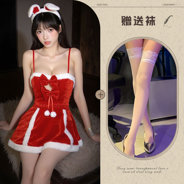 Red Velvet Sexy Christmas Lingerie Dress - Holiday Party Role Play Sleepwear, Pure & Tempting Costume - Image style + white stockings