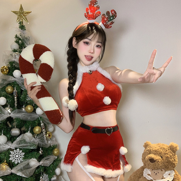 Festive Velvet Lingerie Set - Cozy Winter Holiday Costume for Women, Sexy Christmas Cosplay Outfit - 9905 [Top + Skirt + Belt]