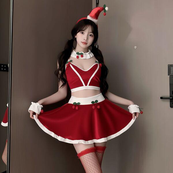 Sexy cherry-themed lingerie set featuring a festive santa outfit with red and white colors, perfect for live streamers.