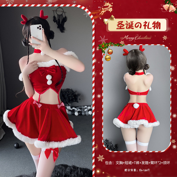 Mannyan New Year Velvet Strapless Two-Piece Set - Sexy Reindeer Costume Lingerie for Christmas - 6921183349011 Red Suit [Stockings Not Included]