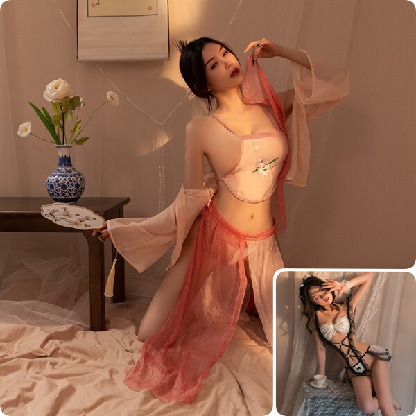 Sexy Maid Costume for Women - Cute & Playful Sheer Mesh Bodysuit with Ruffled Trim, Lingerie Set - White (includes matching socks) + 0158 Ancient Style Hanfu