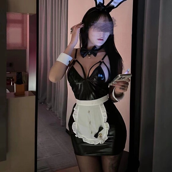 Nightclub Cat Bunny Girl Maid Costume - Sexy Open-Crotch Cosplay Bodysuit Set for Adults - Apron Rabbit [Ears Bow Tie Bodysuit Bracelet]