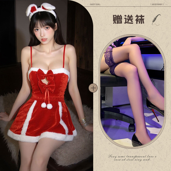 Red New Year Lingerie Set - Sexy Bunny Costume & Role Play Outfit for Women - Red + Black Stockings
