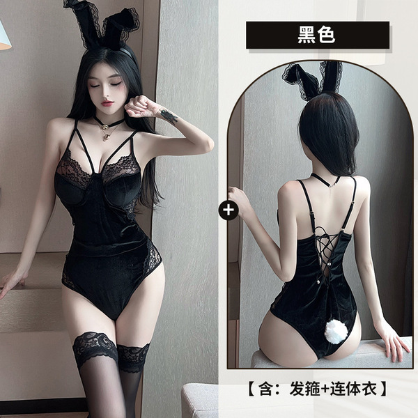 Siqing Sexy Lace Velvet Bunny Sleepwear Set – Tempting Push-Up Romantic Nightwear for Women - Black suit + black stockings