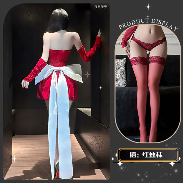 Sexy Off-Shoulder Bow Dress - Pure & Tempting New Year Uniform Style Sparkle Mini Dress, Princess-Inspired Lingerie Dres - Red +8001 Red Stockings