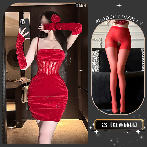 Red Velvet Lace Bodycon Mini Dress - Sheer Sexy Holiday Party Dress with Thin Straps & Sparkle Detail - Red +8003 Red Open Crotch Socks