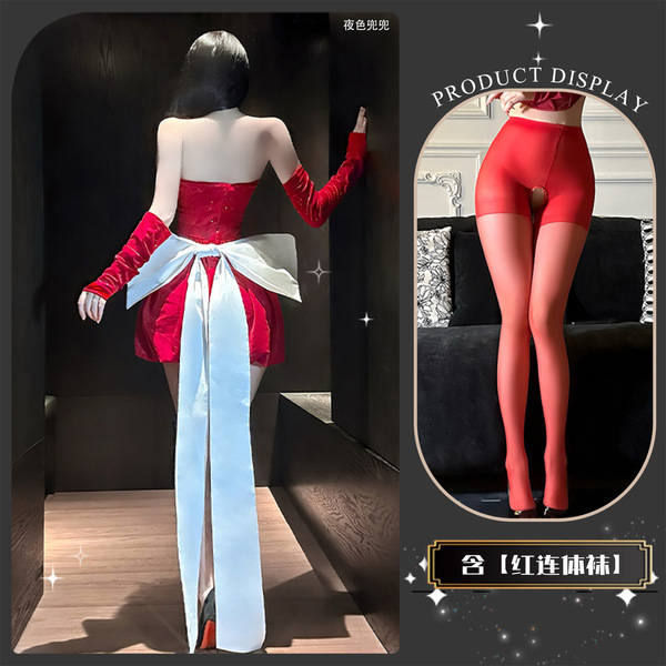Sexy Off-Shoulder Bow Dress - Pure & Tempting New Year Uniform Style Sparkle Mini Dress, Princess-Inspired Lingerie Dres - Red +8003 Red Open Crotch Socks