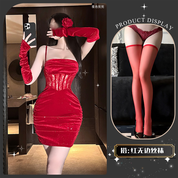 Red Velvet Lace Bodycon Mini Dress - Sheer Sexy Holiday Party Dress with Thin Straps & Sparkle Detail - Red +8004 red stockings