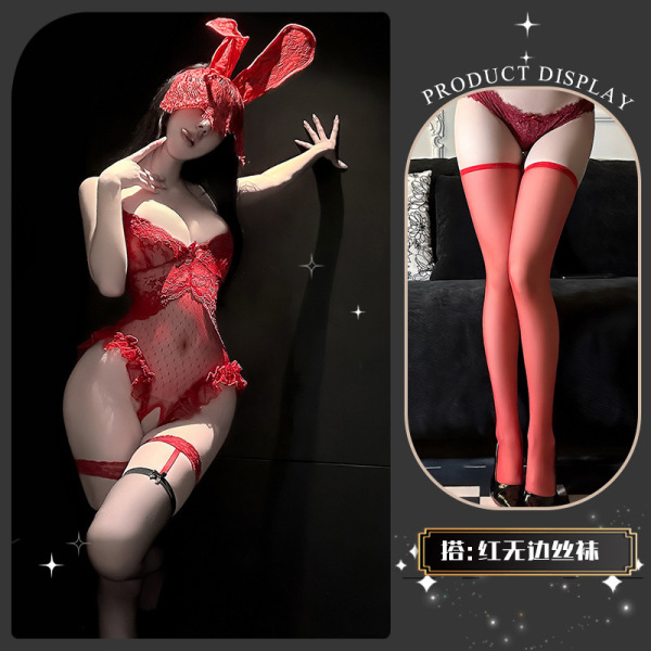 Seasonal Seductive Lace Bodysuit for Women - Sheer Mesh Strap Thong Bodysuit with Pearl Chain Detail - Red +8004 red stockings