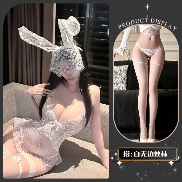 Seasonal Seductive Lace Bodysuit for Women - Sheer Mesh Strap Thong Bodysuit with Pearl Chain Detail - White +8004 white stockings