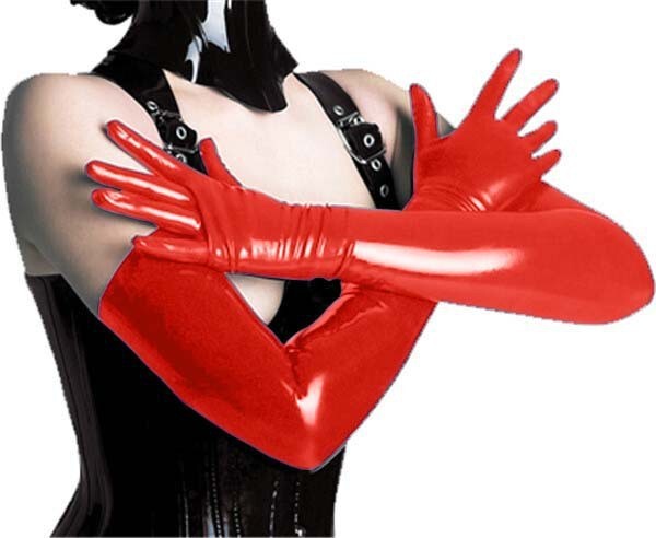 Glossy PU Leather Bodysuit for Pole Dancing - High-Stretch Shiny Nightclub Cosplay Outfit - 8008 Gloves Red