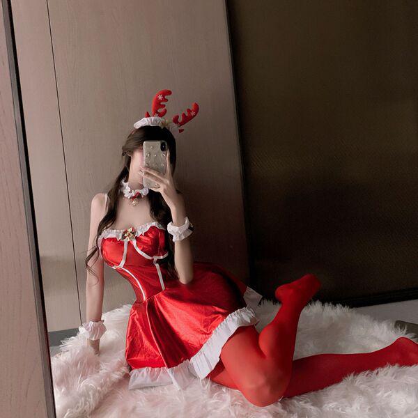 Red bunny girl costume - sexy lingerie dress for new year & christmas, no-remove seductive outfit featuring festive red and w...