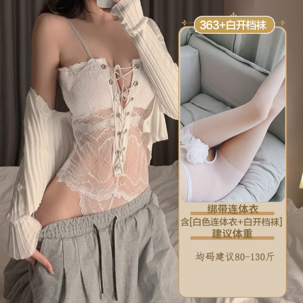Pure & Tempting Lace Lingerie Set - Sheer Sensual Sleepwear for Small Bust, Erotic Costume Outfit - 8017 White + White Open Crotch Stockings