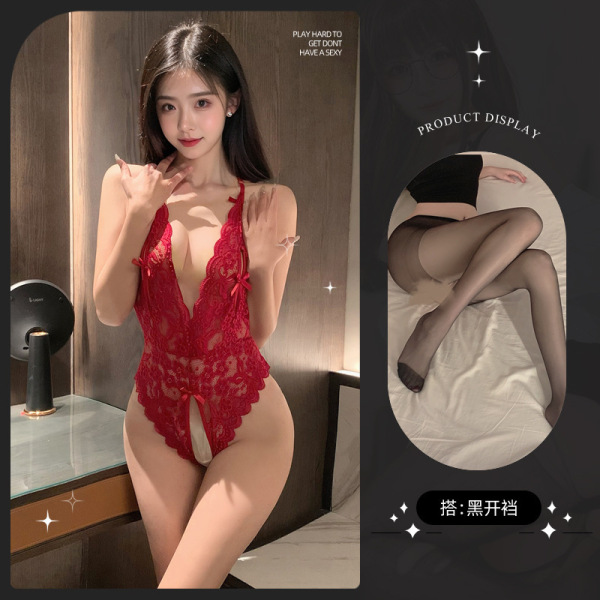 Sexy Open-Crotch Bodysuit for Women - Lace Sheer Temptation Lingerie Set, Pure & Sultry Outfit - 8065 Red and Black Open Crotch Stockings