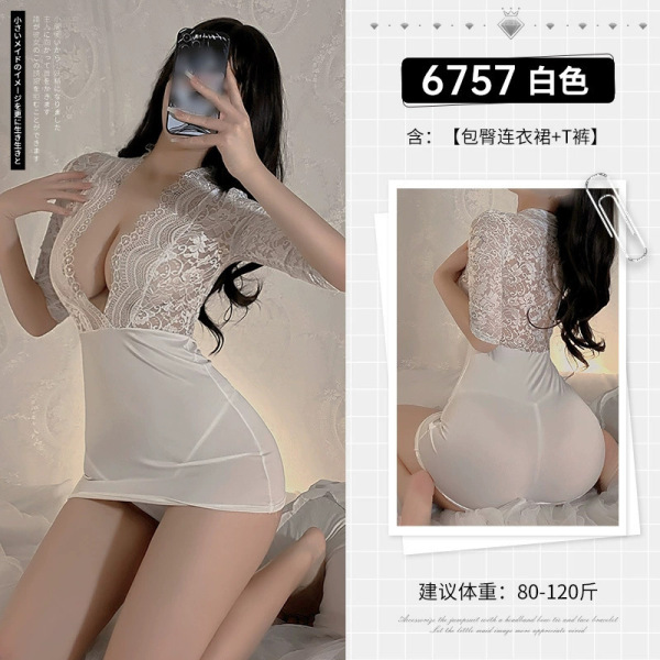 Sexy Secretary Bodysuit Dress - Deep V Lace Sheer Mesh Cutout Mini Dress for Women - ◆Night Breeze◆ White [Bodycon Dress + T-shirt]