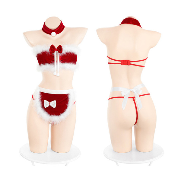 Sexy maid costume for women featuring christmas bunny girl role play outfit with naughty lingerie set including thong and bow...
