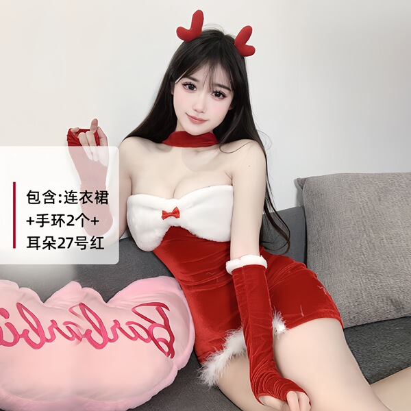 Ziqu Sexy Christmas Bunny Girl Costume Set - Flirty Skirt & Bodysuit Outfit for New Year Cosplay - red