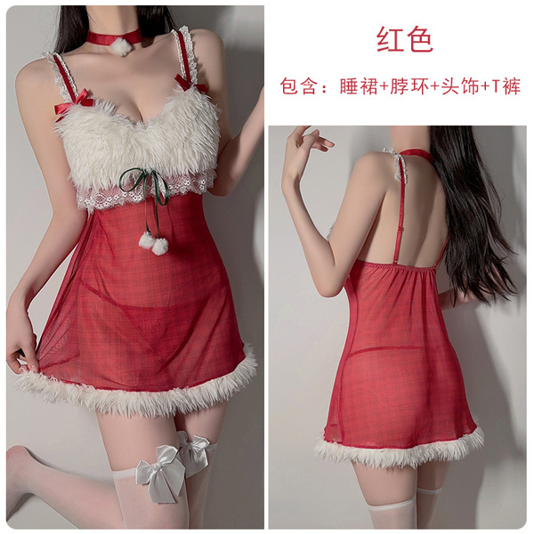 Luxury Red Velvet & Mesh Sleep Dress Set - Festive Holiday Lingerie for Women, Rabbit-Ear Christmas Costume - red
