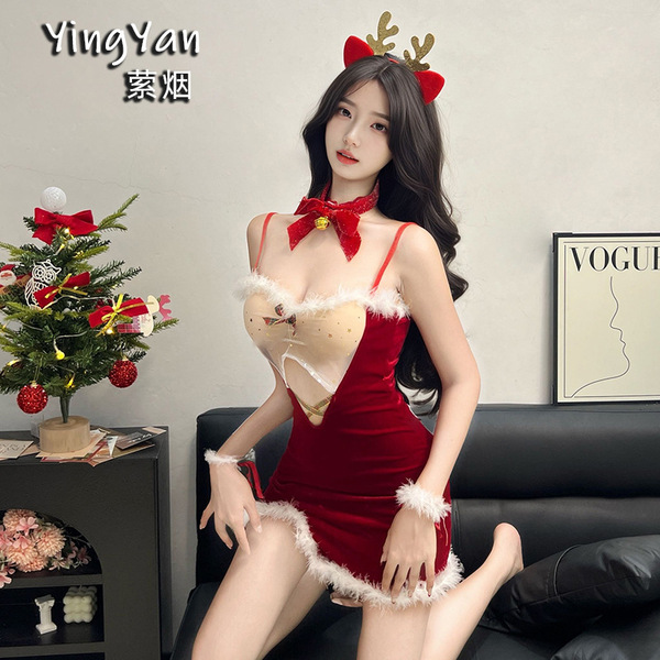 Yingyan Christmas Lingerie Set - Sexy Bare-Back Bra Top & Matching Bottoms, Elegant New Year Party Outfit for Women - 0936 Christmas Red (Headpiece + Necklace + Skirt + Bracelet + T-shirt)