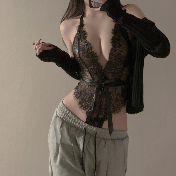 Sexy Lace Lingerie Set for Small Bust - Sheer Push-Up Bodysuit with Seductive Uniform Style Sleepwear - 8132 Black Jumpsuit