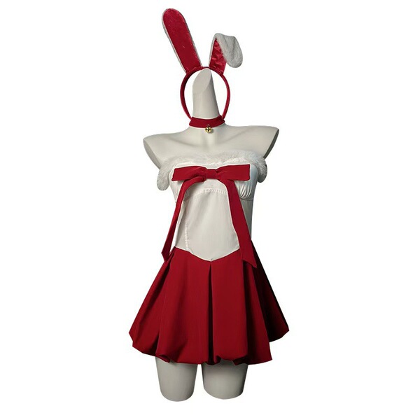 Christmas Bunny Costume for Women - Sexy Naughty Role Play Lingerie Dress, New Year Eve Outfit & Cosplay Ensemble - Christmas outfit + matching white flat-brimmed stockings